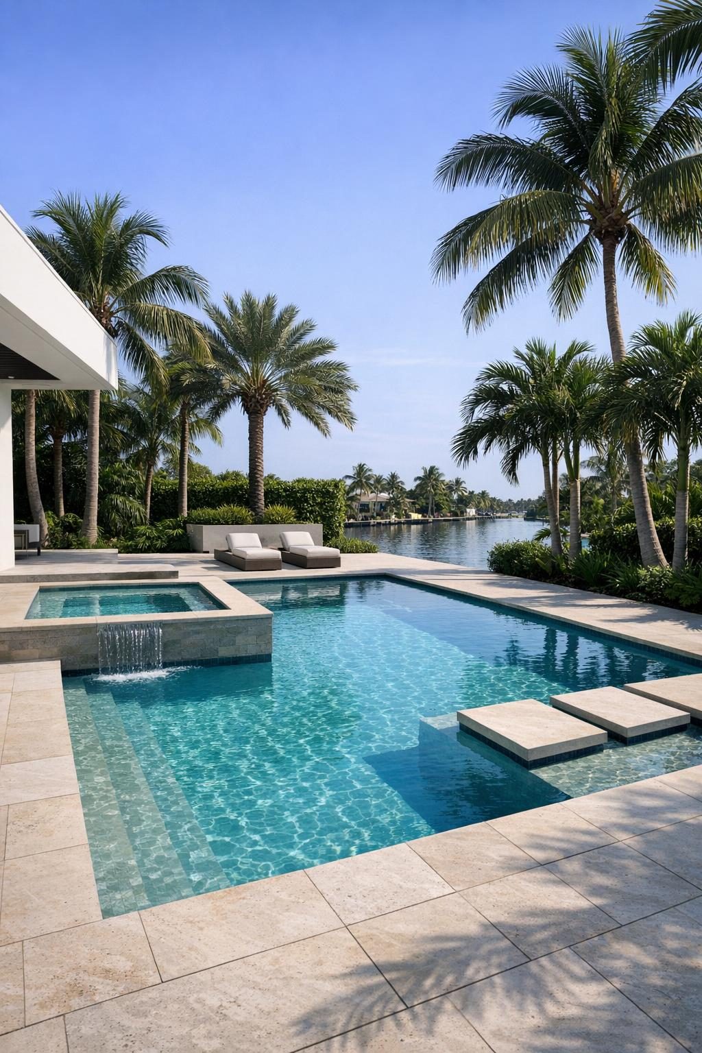 a completed pool with palm trees